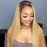 Ombre Honey Blonde Straight 13x4 HD Crystal Lace Wig Lace Front Human Hair Wigs [GWL47]