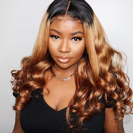 Ombre Loose Deep Wave Front Lace Wig Color Golden Brown With Dark Roots 1b#30 PrePlucked Baby Hair Brazilian Virgin Hair