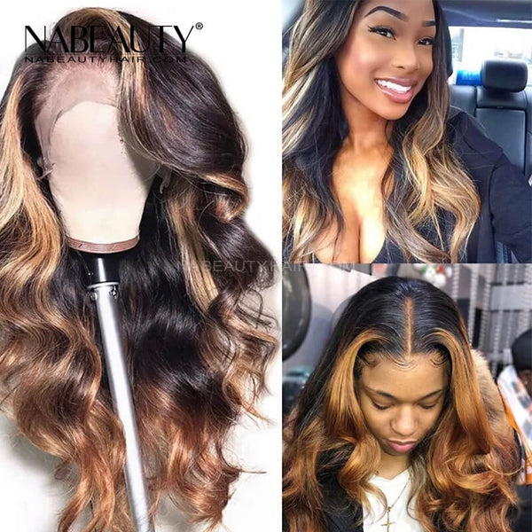 Honey Blonde Highlight Wig Body Wave 1b 27 Ombre Human Hair Wig Bleached Knots Glueless Lace front Wig